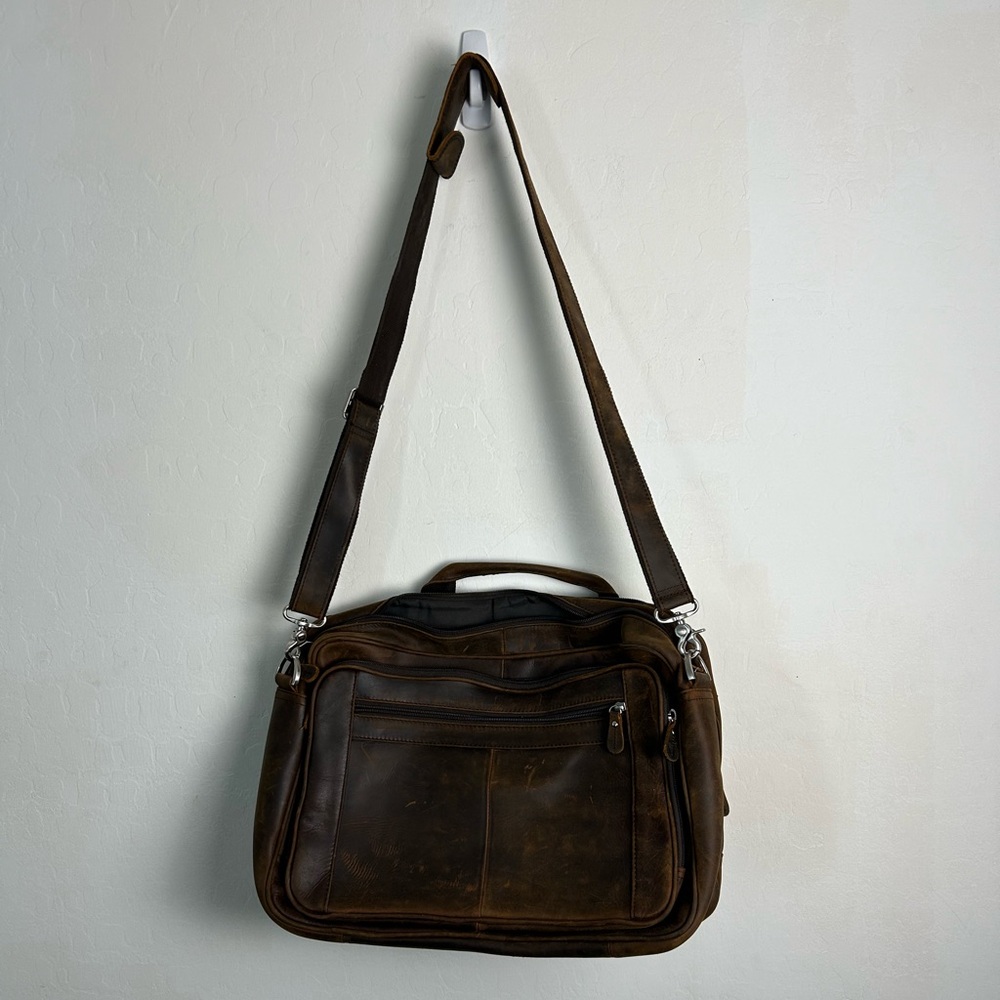 Brown Leather Messenger Bag with Adjustable Strap and Classic Design laptop